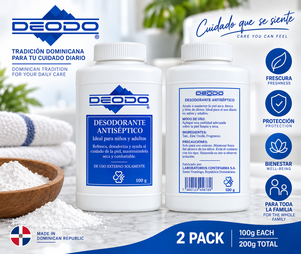 Deodo + Medicated Talcum Powder + Body Powder + Foot Powder + Deodorant + Moisture + Odor Control + 2 Pack + 100g
