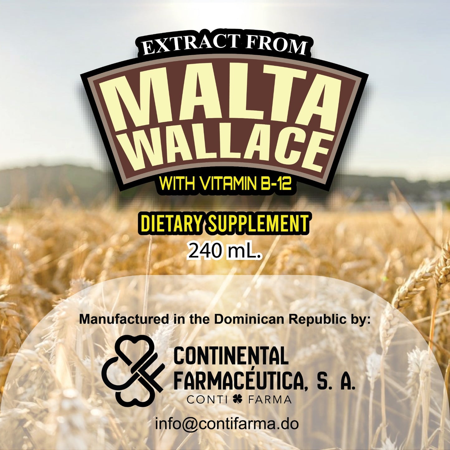 Malta Wallace Malt Extract with Vitamin B12 - Vegan Reconstituting Emulsion for Anemia and Nutrition Support, 8 oz (240 ml)