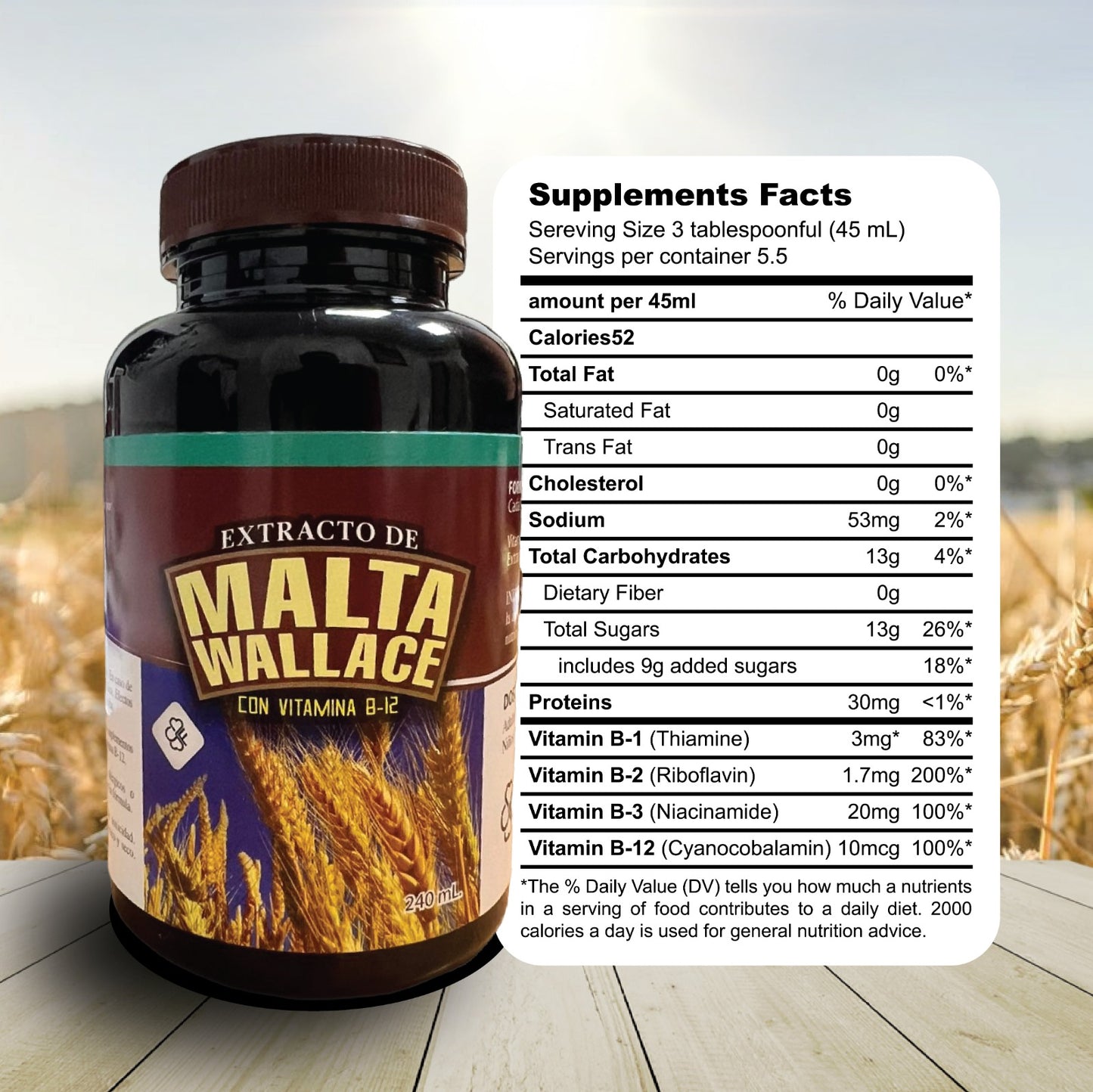 Malta Wallace Malt Extract with Vitamin B12 - Vegan Reconstituting Emulsion for Anemia and Nutrition Support, 8 oz (240 ml)