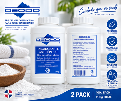 Deodo + Medicated Talcum Powder + Body Powder + Foot Powder + Deodorant + Moisture + Odor Control + 2 Pack + 100g