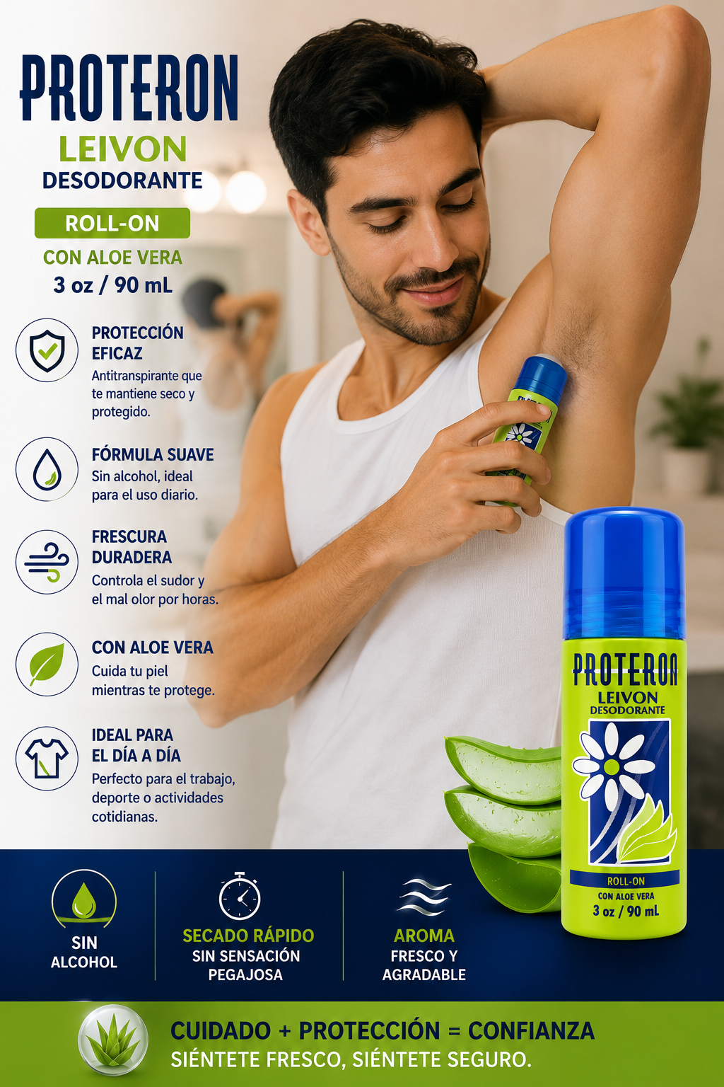 Leivon® PROTERON Roll-On Deodorant with Aloe Vera | Desodorante Roll-On con Aloe Vera | Alcohol Free | 3 oz (90 mL)