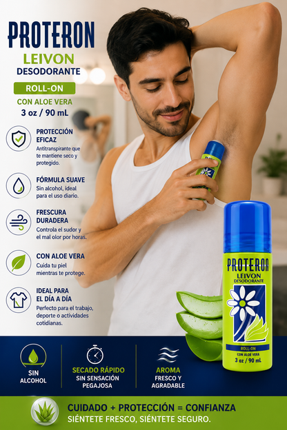 Leivon® PROTERON Roll-On Deodorant with Aloe Vera | Desodorante Roll-On con Aloe Vera | Alcohol Free | 3 oz (90 mL)
