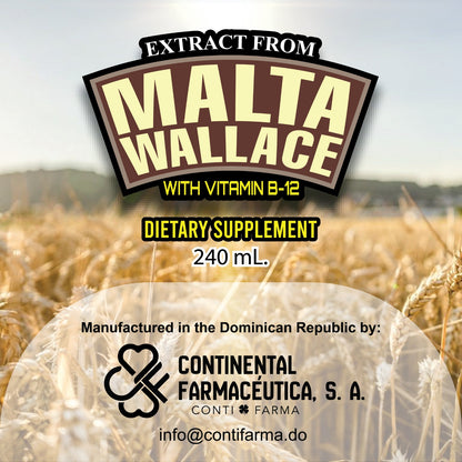 Malta Wallace Malt Extract with Vitamin B12 - Vegan Reconstituting Emulsion for Anemia and Nutrition Support, 8 oz (240 ml)