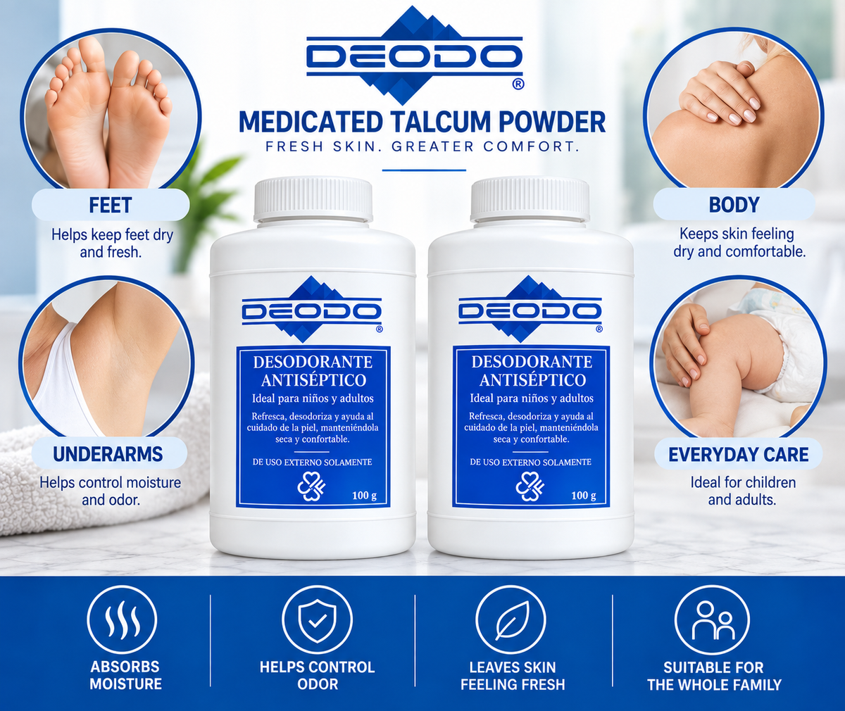 Deodo + Medicated Talcum Powder + Body Powder + Foot Powder + Deodorant + Moisture + Odor Control + 2 Pack + 100g