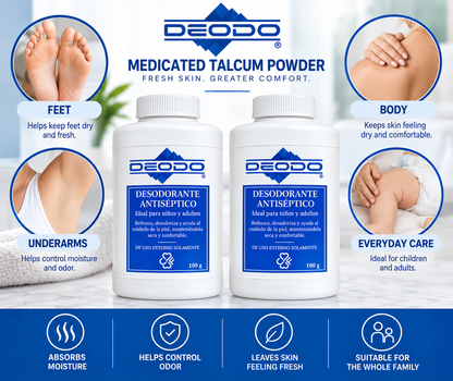 Deodo + Medicated Talcum Powder + Body Powder + Foot Powder + Deodorant + Moisture + Odor Control + 2 Pack + 100g