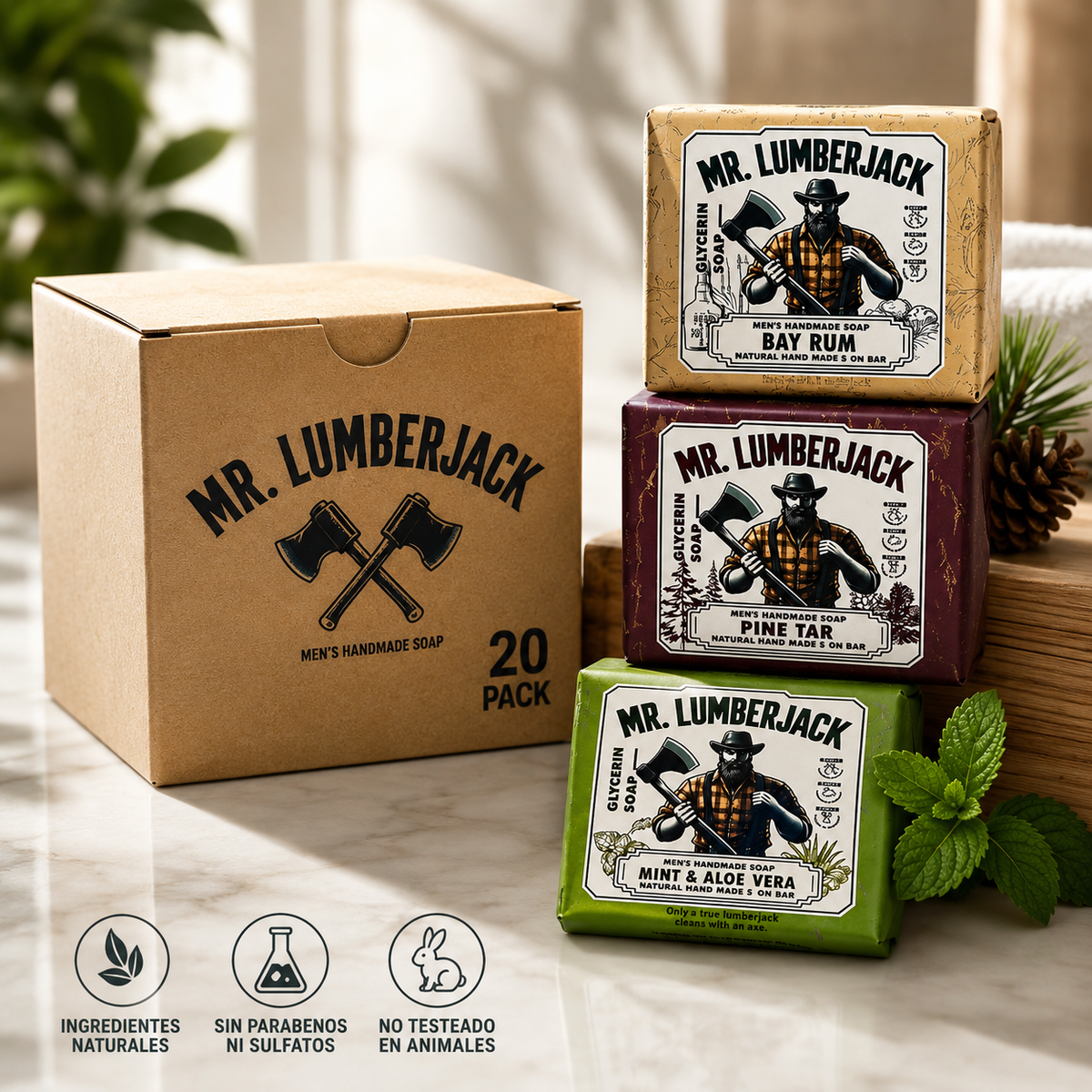 Mr. Lumberjack Men’s Handmade Glycerin Soap 20 Pack – Bay Rum, Pine Tar & Mint Aloe Vera Variety Pack – Men’s Bar Soap / Jabón Artesanal de Glicerina para Hombre
