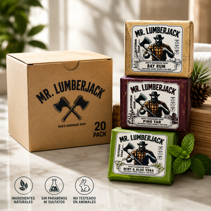 Mr. Lumberjack Men’s Handmade Glycerin Soap 20 Pack – Bay Rum, Pine Tar & Mint Aloe Vera Variety Pack – Men’s Bar Soap / Jabón Artesanal de Glicerina para Hombre