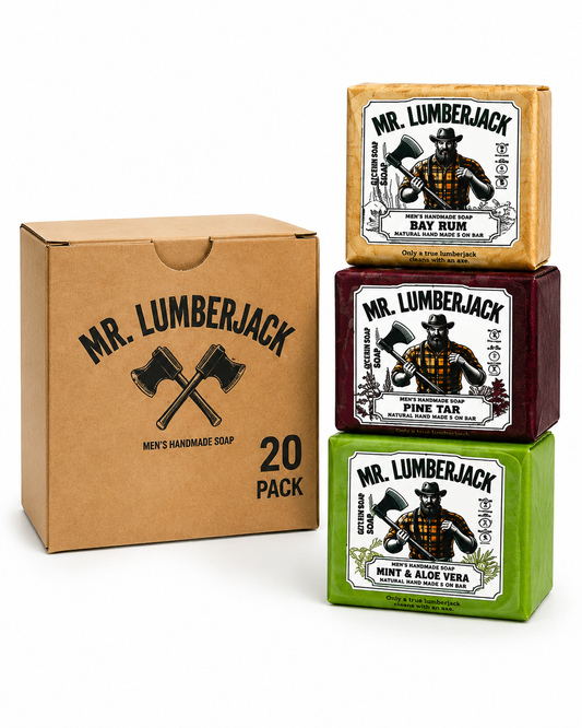 Mr. Lumberjack Men’s Handmade Glycerin Soap 20 Pack – Bay Rum, Pine Tar & Mint Aloe Vera Variety Pack – Men’s Bar Soap / Jabón Artesanal de Glicerina para Hombre
