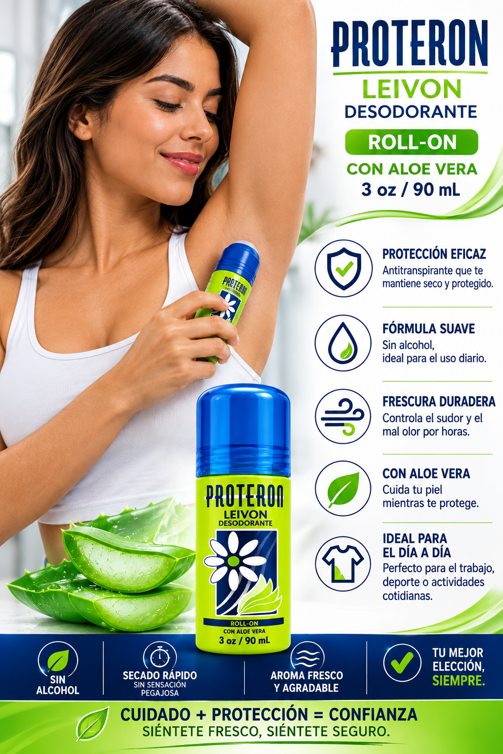 Leivon® PROTERON Roll-On Deodorant with Aloe Vera | Desodorante Roll-On con Aloe Vera | Alcohol Free | 3 oz (90 mL)