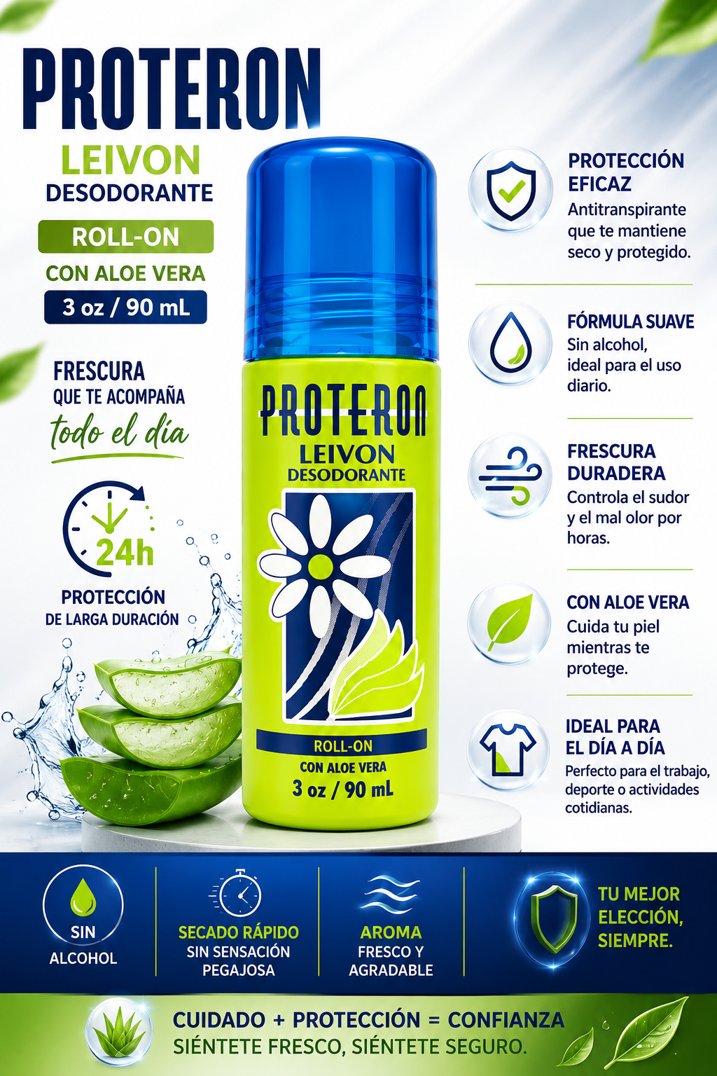 Leivon® PROTERON Roll-On Deodorant with Aloe Vera | Desodorante Roll-On con Aloe Vera | Alcohol Free | 3 oz (90 mL)