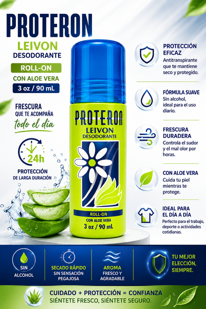 Leivon® PROTERON Roll-On Deodorant with Aloe Vera | Desodorante Roll-On con Aloe Vera | Alcohol Free | 3 oz (90 mL)