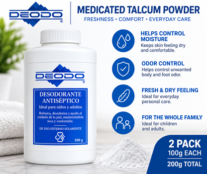 Deodo + Medicated Talcum Powder + Body Powder + Foot Powder + Deodorant + Moisture + Odor Control + 2 Pack + 100g